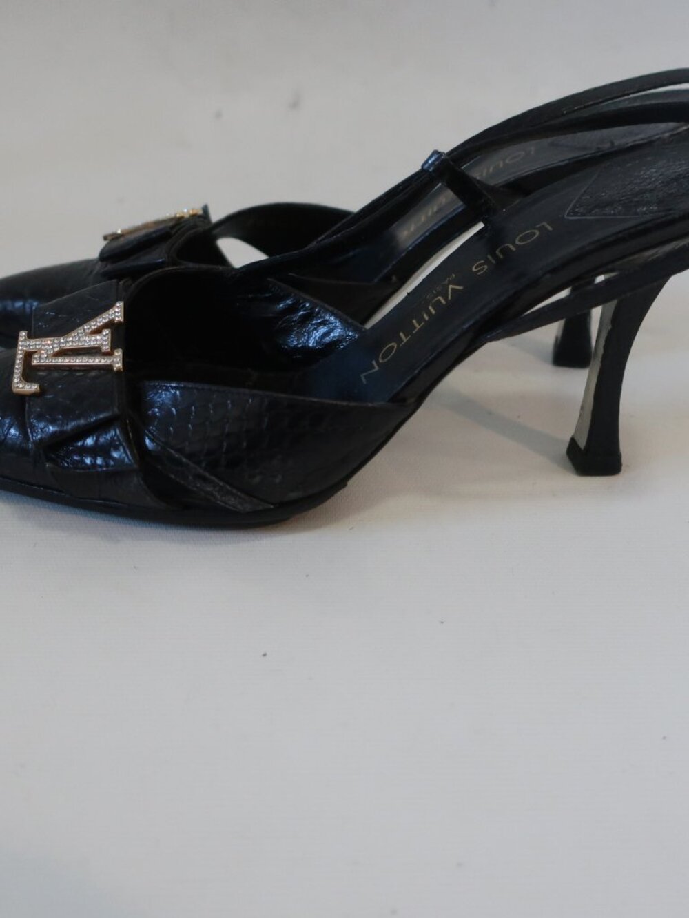 Women Louis Vuitton Black Embossed Snakeskin Crystal Logo Heels 37 1/2 EU/US 7.5 - Picture 13 of 15